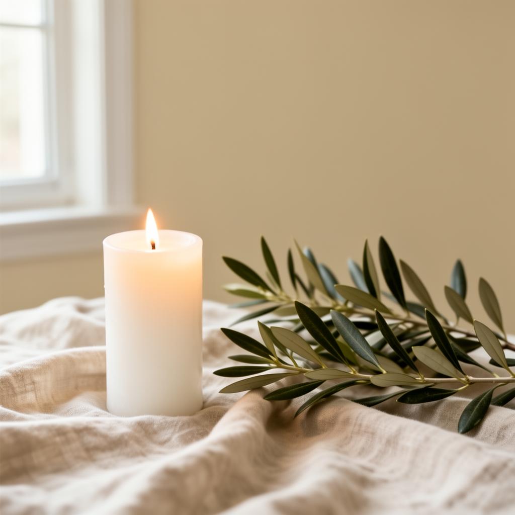A lit candle and olive branches on linen — a quiet moment for prayer